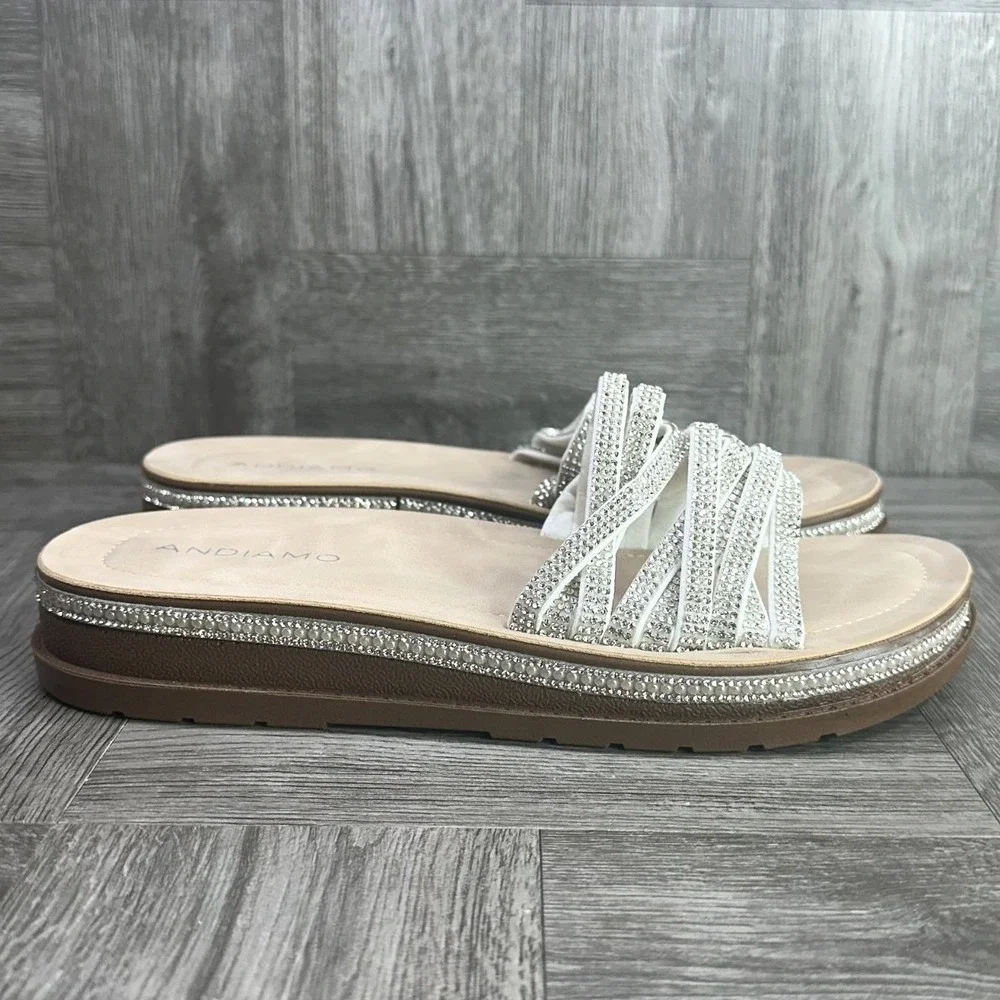 Andiamo Apamela Sandals Womens 6 White Rhinestone‎ Crystal Platform Slide NEW